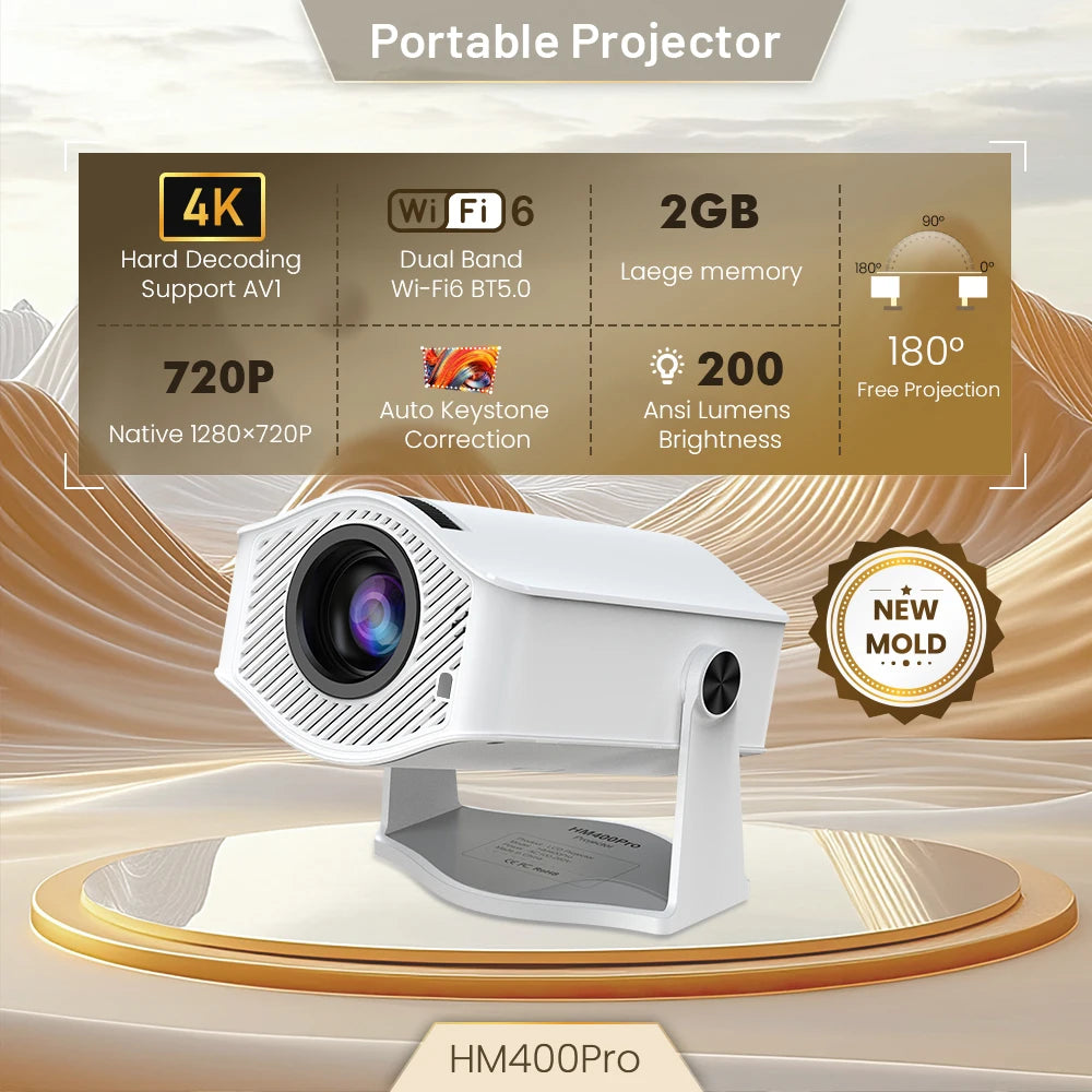 Projector HM400 PRO 4K Android11 Dual Wifi6 200ANSI H716 BT5.0 1080P 1280*720P Black、Pearl White Home Cinema Outdoor Projetor