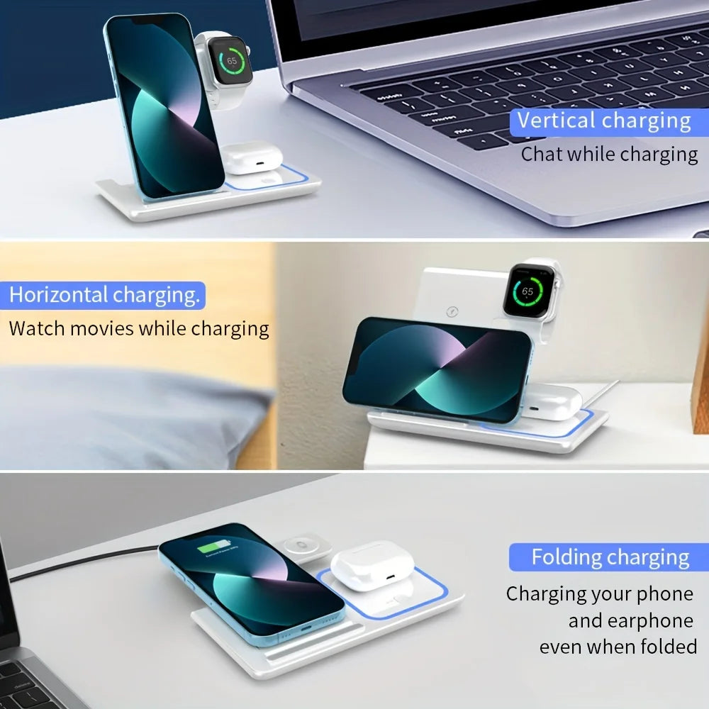 Portable Wireless 3-in-1 Charger, 15W Foldable Wireless Fast Charging Stand, For IPhone 15/14/13/12 Pro Max, IWatch9/8/7/6