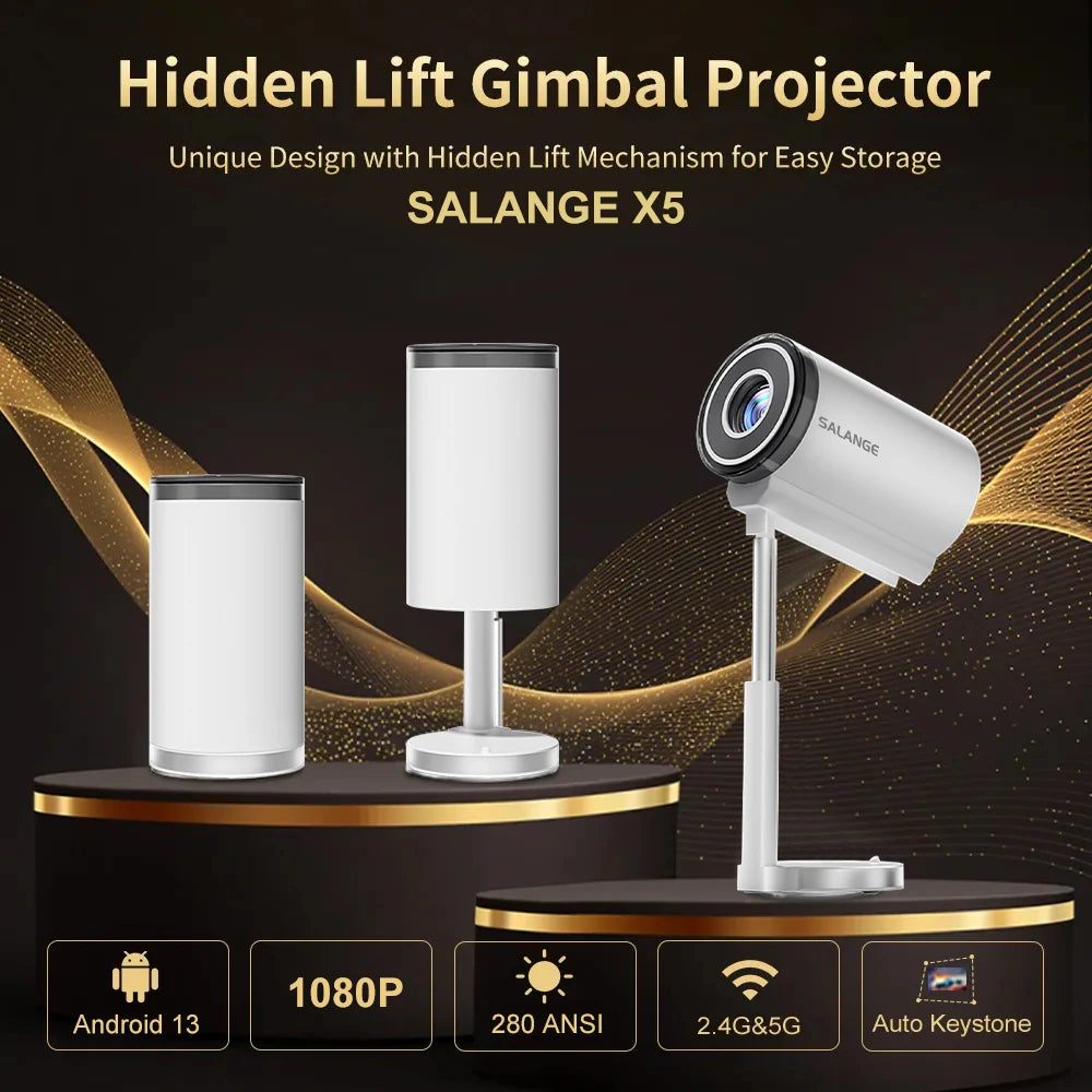 Salange X5 Smart Projector 1080P Android13 Wifi Support 4K Low Noise Portable Hidden Bracket Projector for Home Bedroom Outdoor
