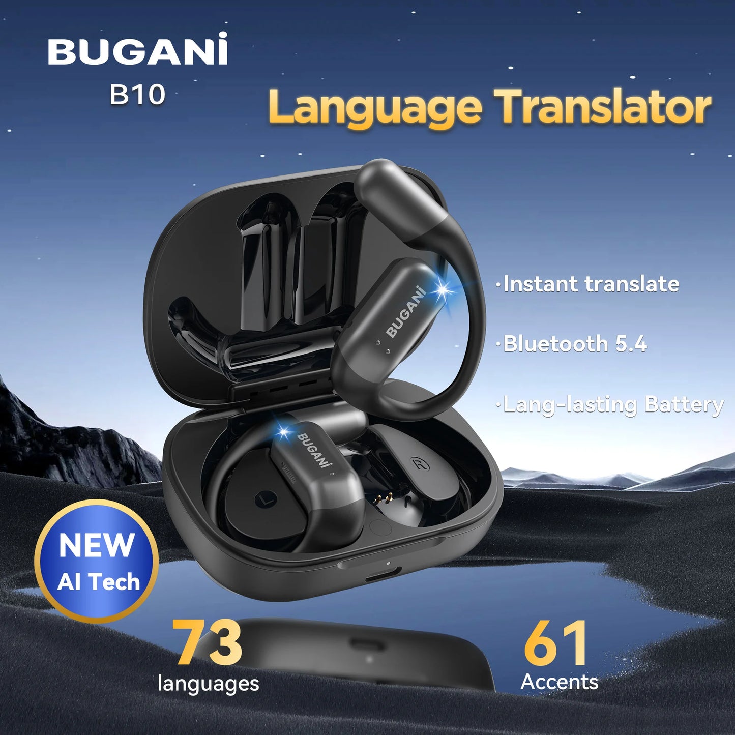 BUGANI AI translation earbuds, real-time translation into 134 languages, 3 in 1 earphones, 5.4 wireless earphones, touch control