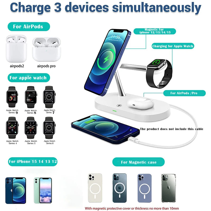 3 in 1 Magnetic Wireless Charger For iPhone 16 15 14 13 12 Fast Charging Station for Apple Watch 10 9 8 7 6 5 4 Airpods 2 3 Pro