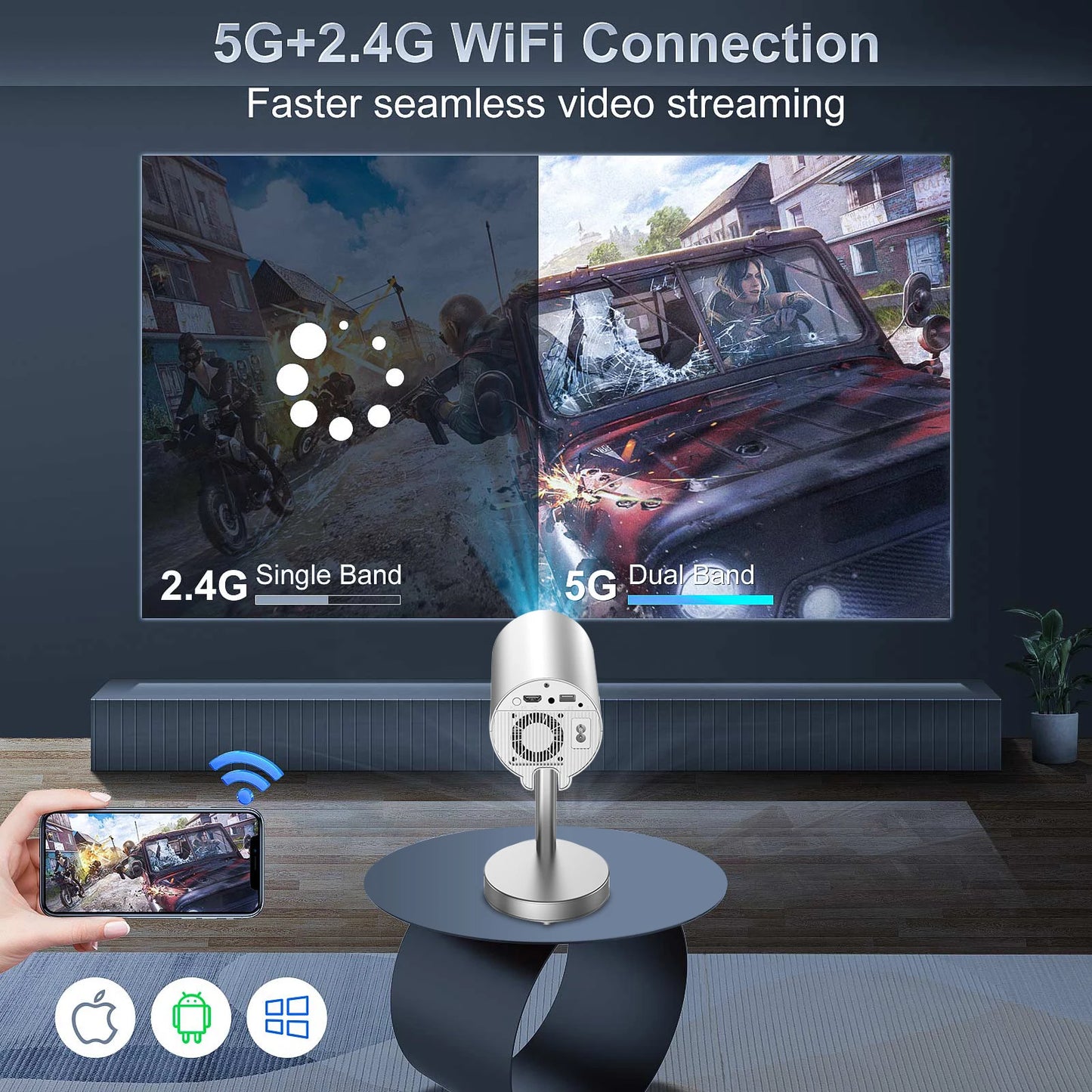 Salange X5 Smart Projector 1080P Android13 Wifi Support 4K Low Noise Portable Hidden Bracket Projector for Home Bedroom Outdoor