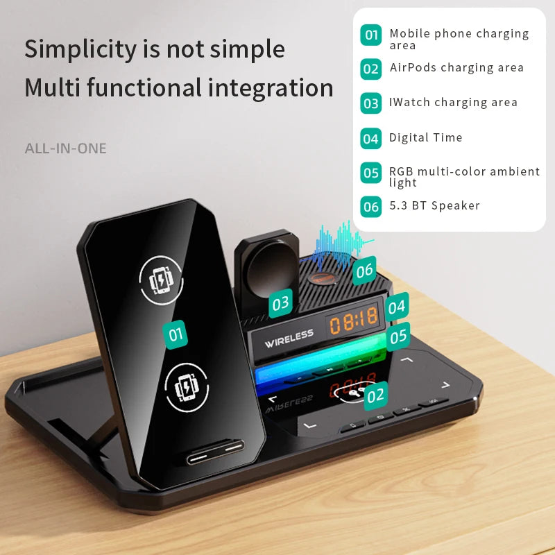 Infaste W27 6 In 1 Wireless Charger Portable High Speed Desktop Folding For Earphones Bluetooth Speaker Alarm Clock