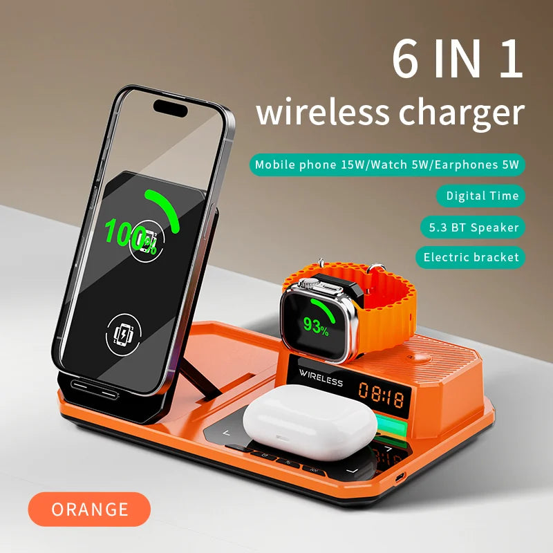 Infaste W27 6 In 1 Wireless Charger Portable High Speed Desktop Folding For Earphones Bluetooth Speaker Alarm Clock
