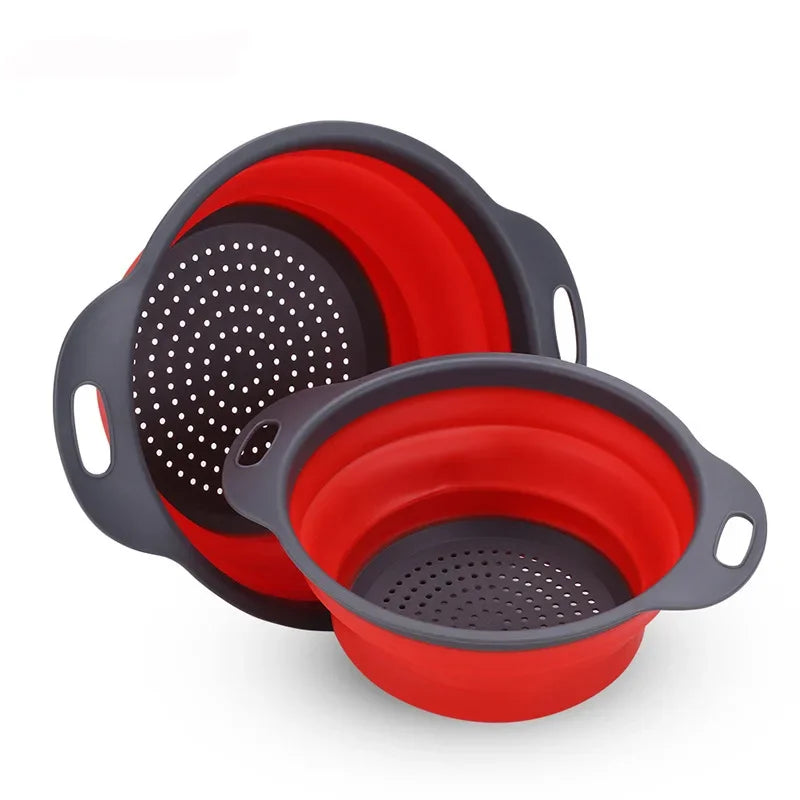 Silicone Round Folding Vegetable Fruits Washing Drain Basket Collapsible Colander Strainer Basket Kitchen Gadgets