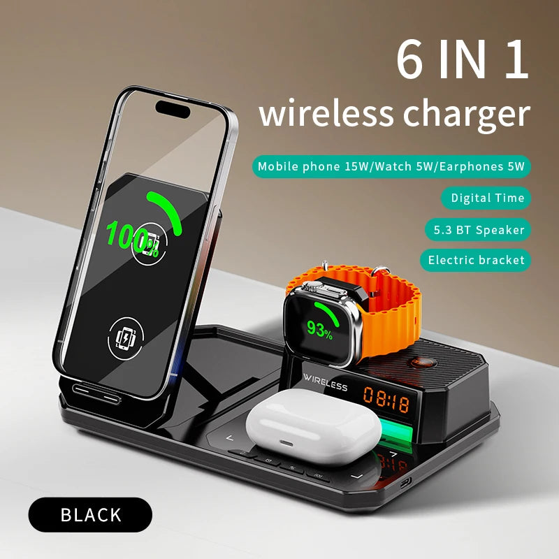 Infaste W27 6 In 1 Wireless Charger Portable High Speed Desktop Folding For Earphones Bluetooth Speaker Alarm Clock