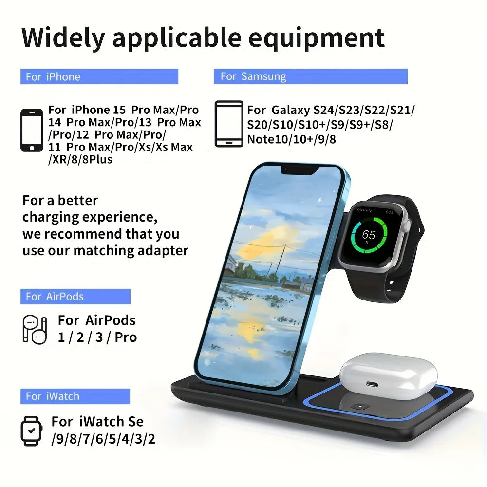 Portable Wireless 3-in-1 Charger, 15W Foldable Wireless Fast Charging Stand, For IPhone 15/14/13/12 Pro Max, IWatch9/8/7/6