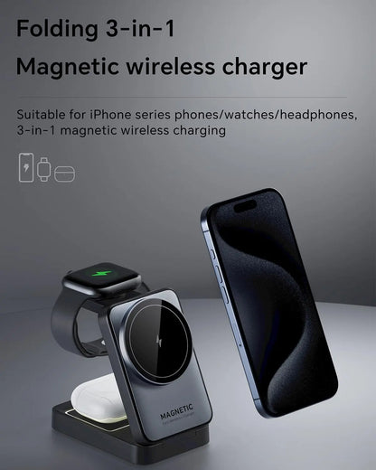 Foldable Magnetic 3 in 1 Wireless Charger with Light for iPhone 16/15/14/13 Pro Max, AirPods, iWatch Fast Charging Stand