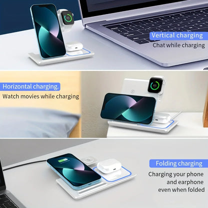 Portable Wireless 3-in-1 Charger, 15W Foldable Wireless Fast Charging Stand, For IPhone 15/14/13/12 Pro Max, IWatch9/8/7/6