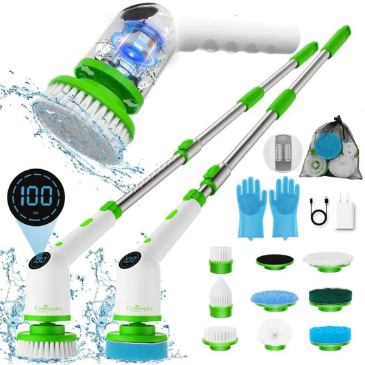 Electric Spin Scrubber, 9 in 1 Cordless Cleaning Brush with Type C USB Port, Charger, 2 Gloves, 3 Adjustable Speeds, LED Display