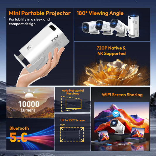 Mini Projector with WIFI 6 and Bluetooth,4K 1080P Support Auto Focus Portable Projector Compatible for Laptop, PC, Smartphone