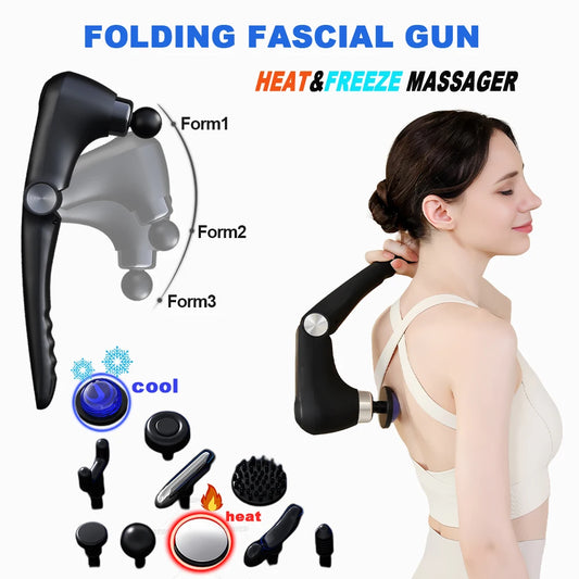 Fascia Gun Massage with Hot and Cold Heads Adjustable Angles Portable Percussion Back Massager for Neck Body Muscle Fitness
