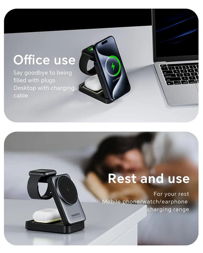 Foldable Magnetic 3 in 1 Wireless Charger with Light for iPhone 16/15/14/13 Pro Max, AirPods, iWatch Fast Charging Stand