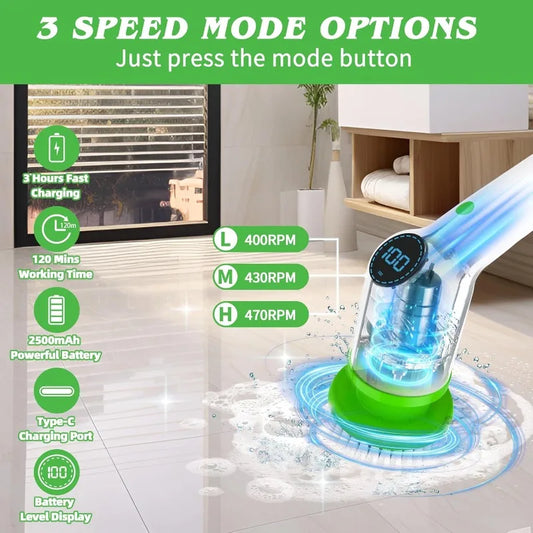 Electric Spin Scrubber, 9 in 1 Cordless Cleaning Brush with Type C USB Port, Charger, 2 Gloves, 3 Adjustable Speeds, LED Display