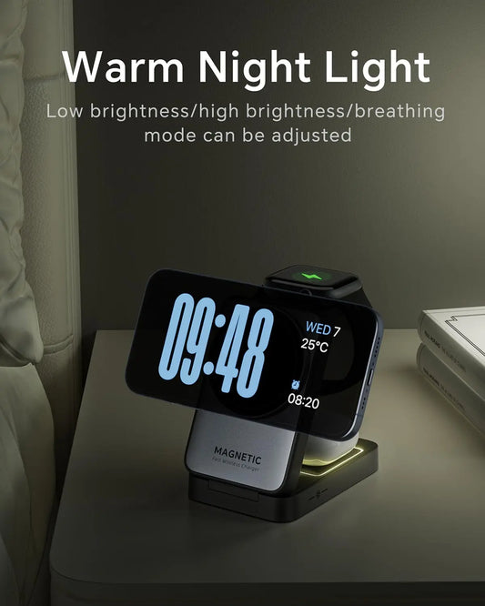 Foldable Magnetic 3 in 1 Wireless Charger with Light for iPhone 16/15/14/13 Pro Max, AirPods, iWatch Fast Charging Stand